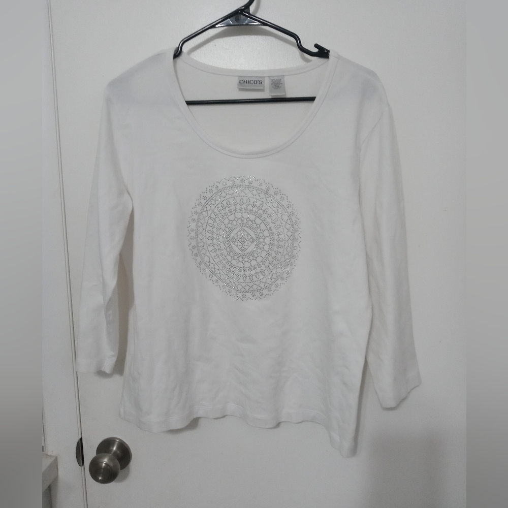 Chicos 3/4 Sleeve Aztec Silver Studded Classic Blouse Size XL(16)